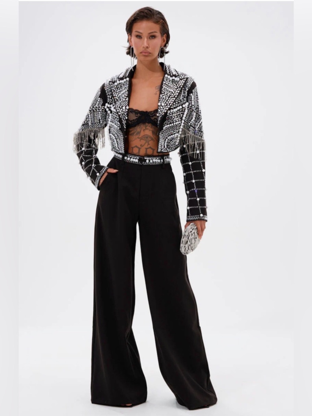 Akira Embellished Dirty Martini Wide-Leg Black Women's Trousers - Picture 4 of 5